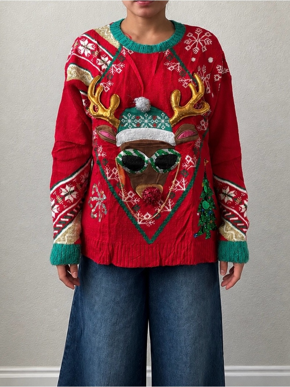 Festive Red Reindeer Holiday Sweater with Green Trim